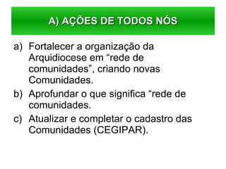 Fortalecer a organização da Arquidiocese em “rede de comunidades”, criando novas Comunidades. Aprofundar o que significa “rede de comunidades. Atualizar e completar o cadastro das Comunidades (CEGIPAR). A) AÇÕES DE TODOS NÓS 
