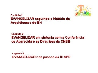 Capítulo 1 EVANGELIZAR seguindo a história da Arquidiocese de BH Capítulo 2 EVANGELIZAR em sintonia com a Conferência de Aparecida e as Diretrizes da CNBB Capítulo 3 EVANGELIZAR nos passos da III APD 