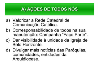 Valorizar a Rede Catedral de Comunicação Católica. Corresponsabilidade de todos na sua manutenção: Campanha “Faço Parte”. Dar visibilidade à unidade da Igreja de Belo Horizonte. Divulgar mais notícias das Paróquias, comunidades, entidades da Arquidiocese. A) AÇÕES DE TODOS NÓS 