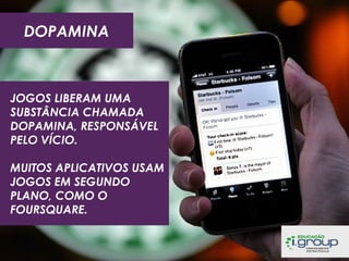 DOPAMINA

JOGOS LIBERAM UMA
SUBSTÂNCIA CHAMADA
DOPAMINA, RESPONSÁVEL
PELO VÍCIO.
MUITOS APLICATIVOS USAM
JOGOS EM SEGUNDO
PLANO, COMO O
FOURSQUARE.

 