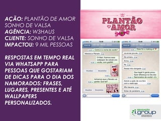 AÇÃO: PLANTÃO DE AMOR
SONHO DE VALSA
AGÊNCIA: W3HAUS
CLIENTE: SONHO DE VALSA
IMPACTOU: 9 MIL PESSOAS
RESPOSTAS EM TEMPO REAL
VIA WHATSAPP PARA
PESSOAS QUE GOSTARIAM
DE DICAS PARA O DIA DOS
NAMORADOS: FRASES,
LUGARES, PRESENTES E ATÉ
WALLPAPERS
PERSONALIZADOS.

 