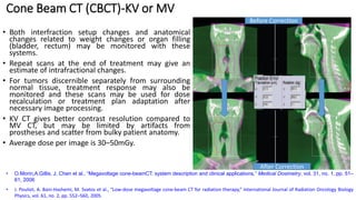 Cone Beam CT (CBCT)-KV or MV
• Both interfraction setup changes and anatomical
changes related to weight changes or organ filling
(bladder, rectum) may be monitored with these
systems.
• Repeat scans at the end of treatment may give an
estimate of intrafractional changes.
• For tumors discernible separately from surrounding
normal tissue, treatment response may also be
monitored and these scans may be used for dose
recalculation or treatment plan adaptation after
necessary image processing.
• KV CT gives better contrast resolution compared to
MV CT, but may be limited by artifacts from
prostheses and scatter from bulky patient anatomy.
• Average dose per image is 30–50mGy.
Before Correction
After Correction
• O.Morin,A.Gillis, J. Chen et al., “Megavoltage cone-beamCT: system description and clinical applications,” Medical Dosimetry, vol. 31, no. 1, pp. 51–
61, 2006
• J. Pouliot, A. Bani-Hashemi, M. Svatos et al., “Low-dose megavoltage cone-beam CT for radiation therapy,” International Journal of Radiation Oncology Biology
Physics, vol. 61, no. 2, pp. 552–560, 2005.
 