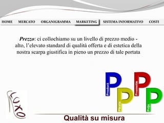 Qualità su misura
HOME MERCATO ORGANIGRAMMA MARKETING SISTEMA INFORMATIVO COSTIMARKETING
Prezzo: ci collochiamo su un livello di prezzo medio -
alto, l’elevato standard di qualità offerta e di estetica della
nostra scarpa giustifica in pieno un prezzo di tale portata
 