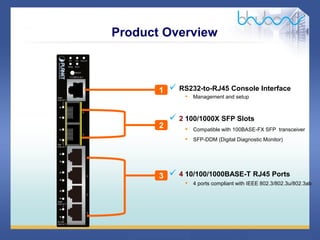 10 / 46
 2 100/1000X SFP Slots
• Compatible with 100BASE-FX SFP transceiver
• SFP-DDM (Digital Diagnostic Monitor)
 RS232-to-RJ45 Console Interface
• Management and setup
Product Overview
 4 10/100/1000BASE-T RJ45 Ports
• 4 ports compliant with IEEE 802.3/802.3u/802.3ab
1
2
3
 