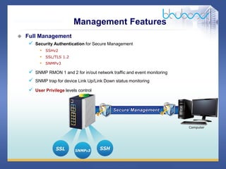 32 68
 Full Management
 Security Authentication for Secure Management
• SSHv2
• SSL/TLS 1.2
• SNMPv3
 SNMP RMON 1 and 2 for in/out network traffic and event monitoring
 SNMP trap for device Link Up/Link Down status monitoring
 User Privilege levels control
Management Features
 