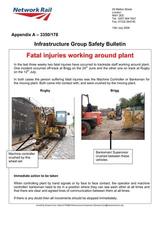 40 Melton Street
London
NW1 2EE
Tel: 0207 904 7621
Fax: 01332 264745
15th July 2008
Appendix A – 3350/178
Infrastructure Group Safety Bulletin
Fatal injuries working around plant
In the last three weeks two fatal injuries have occurred to trackside staff working around plant.
One incident occurred off-track at Brigg on the 24th
June and the other one on track at Rugby
on the 12th
July.
In both cases the person suffering fatal injuries was the Machine Controller or Banksman for
the moving plant. Both came into contact with, and were crushed by the moving plant.
Rugby Brigg
Immediate action to be taken
When controlling plant by hand signals or by face to face contact, the operator and machine
controller/ banksman need to be in a position where they can see each other at all times and
that there are clear and agreed lines of communication between them at all times.
If there is any doubt then all movements should be stopped immediately.
Issued by Graeme Cox, Head of HSQE Infrastructure Investment (Graeme.Cox@networkrail.co.uk)
Banksman/ Supervisor
crushed between these
vehicles
Machine controller
crushed by this
wheel set
 