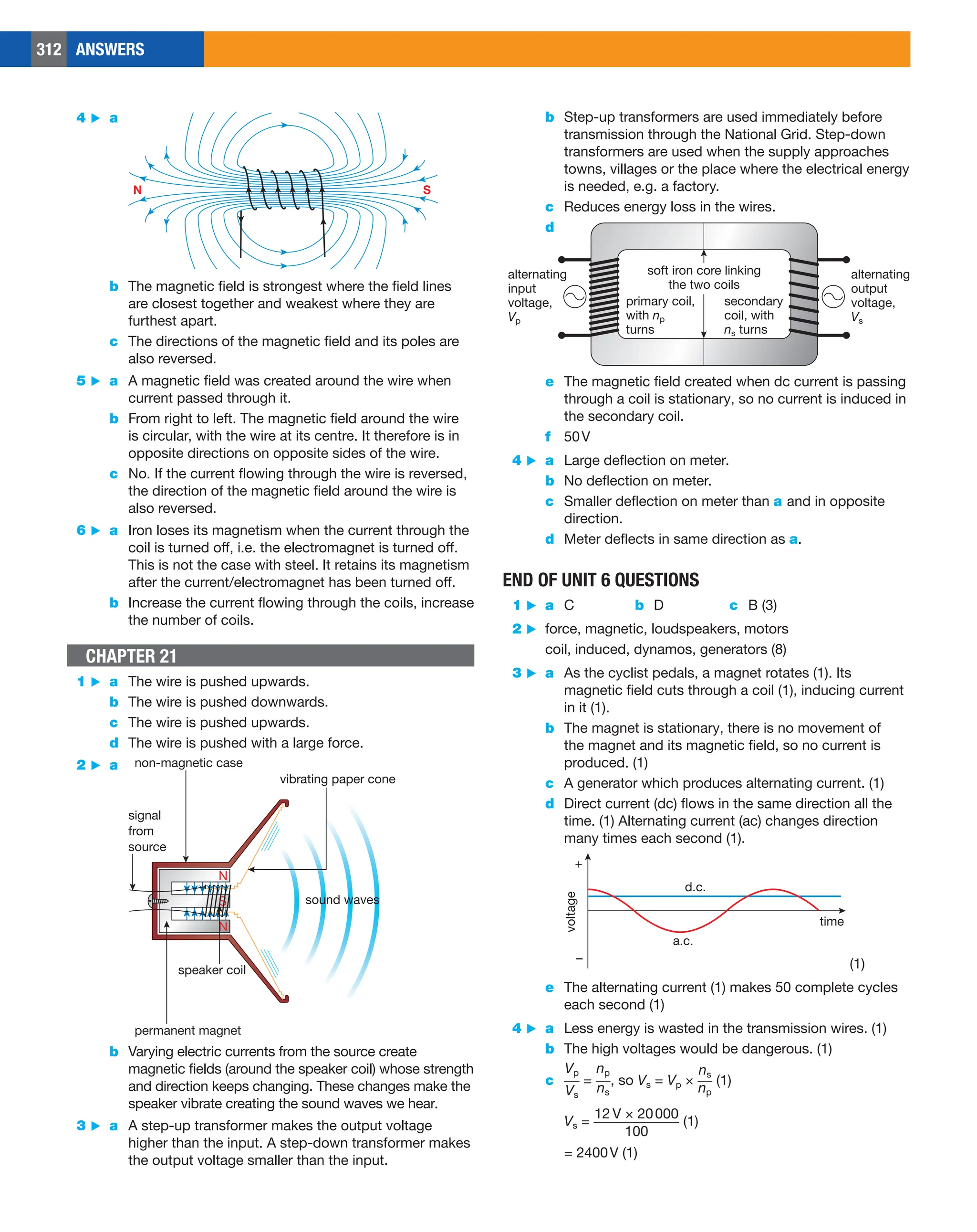 312 ANSWERS
b Step-up transformers are used immediately before
transmission through the National Grid. Step-down
transformers are used when the supply approaches
towns, villages or the place where the electrical energy
is needed, e.g. a factory.
c Reduces energy loss in the wires.
d
alternating
input
voltage,
Vp
primary coil,
with np
turns
alternating
output
voltage,
Vs
secondary
coil, with
ns turns
soft iron core linking
the two coils
e The magnetic field created when dc current is passing
through a coil is stationary, so no current is induced in
the secondary coil.
f 50V
4 ▶ a Large deflection on meter.
b No deflection on meter.
c Smaller deflection on meter than a and in opposite
direction.
d Meter deflects in same direction as a.
END OF UNIT 6 QUESTIONS
1 ▶ a C b D c B (3)
2 ▶ force, magnetic, loudspeakers, motors
coil, induced, dynamos, generators (8)
3 ▶ a As the cyclist pedals, a magnet rotates (1). Its
magnetic field cuts through a coil (1), inducing current
in it (1).
b The magnet is stationary, there is no movement of
the magnet and its magnetic field, so no current is
produced. (1)
c A generator which produces alternating current. (1)
d Direct current (dc) flows in the same direction all the
time. (1) Alternating current (ac) changes direction
many times each second (1).
voltage
time
a.c.
d.c.
+
– (1)
e The alternating current (1) makes 50 complete cycles
each second (1)
4 ▶ a Less energy is wasted in the transmission wires. (1)
b The high voltages would be dangerous. (1)
c	​​ 
Vp
___
Vs
 ​​ = ​​ 
np
___
ns
 ​​, so Vs = Vp × ​​ 
ns
___
np
 ​​ (1)
Vs = ​​ 
12 V × 20000
  
_____________
100
 ​​ (1)
= 2400V (1)
4 ▶ a
N S
b The magnetic field is strongest where the field lines
are closest together and weakest where they are
furthest apart.
c The directions of the magnetic field and its poles are
also reversed.
5 ▶ a A magnetic field was created around the wire when
current passed through it.
b From right to left. The magnetic field around the wire
is circular, with the wire at its centre. It therefore is in
opposite directions on opposite sides of the wire.
c No. If the current flowing through the wire is reversed,
the direction of the magnetic field around the wire is
also reversed.
6 ▶ a Iron loses its magnetism when the current through the
coil is turned off, i.e. the electromagnet is turned off.
This is not the case with steel. It retains its magnetism
after the current/electromagnet has been turned off.
b Increase the current flowing through the coils, increase
the number of coils.
CHAPTER 21
1 ▶ a The wire is pushed upwards.
b The wire is pushed downwards.
c The wire is pushed upwards.
d The wire is pushed with a large force.
2 ▶ a
N
N
S
non-magnetic case
permanent magnet
vibrating paper cone
speaker coil
signal
from
source
sound waves
b Varying electric currents from the source create
magnetic fields (around the speaker coil) whose strength
and direction keeps changing. These changes make the
speaker vibrate creating the sound waves we hear.
3 ▶ a A step-up transformer makes the output voltage
higher than the input. A step-down transformer makes
the output voltage smaller than the input.
 