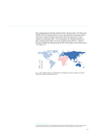 12
New geographical markets present further opportunities. The Size and
Health of the UK Space Sector survey has reported increased export
intensity in sales to foreign customers which are growing in most
regions at sustained rates. The composition of customer location is
also changing with Asian turnover doubling since 2010/11, sales in
Europe (outside the UK) growing by 50% and sales to the Americas by
11% (Fig. 7).22
FIG. 7. REAL GROWTH RATE OF TURNOVER BY CUSTOMER LOCATION. SOURCE: UK SPACE
AGENCY & LONDON ECONOMICS (2014)
22 UK Space Agency (2014), The Size and Health of the UK Space Industry, Available from: www.gov.uk/government/
uploads/system/uploads/attachment_data/file/363903/SandH2014final2.pdf (accessed 28th February 2015)
 