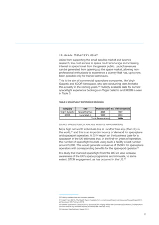 17
Human Spaceflight
Aside from supporting the small satellite market and science
research, low cost access to space could encourage an increasing
interest in space travel from the general public. Launch revenues
can be generated from opening up the space market, allowing non-
professional enthusiasts to experience a journey that has, up to now,
been possible only for trained astronauts.
This is the aim of commercial spaceplane companies, like Virgin
Galactic and XCOR Aerospace, who are conducting tests to make
this a reality in the coming years.30
Publicly available data for current
spaceflight experience bookings on Virgin Galactic and XCOR is seen
in Table 3.
TABLE 3: SPACEFLIGHT EXPERIENCE BOOKINGS
SOURCE: VARIOUS PUBLICLY AVAILABLE WEBSITES (APPROXIMATIONS)
More high net worth individuals live in London than any other city in
the world,31
and this is an important source of demand for spaceplane
and spaceport operators. A 2014 report on the business case for a
spaceport in the UK estimates that, in the first ten years of operation,
the number of spaceflight tourists using such a facility could number
around 5,000. This would generate a revenue of £500m for spaceplane
operators with corresponding benefits for the spaceport operator.32
It is likely that manned spaceflight from the UK will also increase
awareness of the UK’s space programme and stimulate, to some
extent, STEM engagement, as has occurred in the US.33
30 Publicly available data and company websites
31 Knight Frank (2014), The Wealth Report, Available from: www.thewealthreport.net/resources/thewealthreport2014.
pdf (accessed 28th February 2015)
32 Satellite Applications Catapult (2014), Spaceport UK: Forging Ahead With Commercial Confidence, Available from:
www.sa.catapult.org.uk/market-reports (accessed 28th February 2015)
33 Interview, Dale Ketcham, August 2014
 