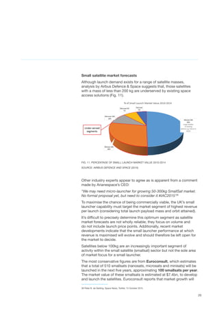 20
Small satellite market forecasts
Although launch demand exists for a range of satellite masses,
analysis by Airbus Defence & Space suggests that, those satellites
with a mass of less than 200 kg are underserved by existing space
access solutions (Fig. 11).
FIG. 11. PERCENTAGE OF SMALL LAUNCH MARKET VALUE 2010-2014
SOURCE: AIRBUS DEFENCE AND SPACE (2015)
Other industry experts appear to agree as is apparent from a comment
made by Arianespace’s CEO:
“We may need micro-launcher for growing 50-300kg SmallSat market.
No formal proposal yet, but need to consider it.#IAC2015’36
To maximise the chance of being commercially viable, the UK’s small
launcher capability must target the market segment of highest revenue
per launch (considering total launch payload mass and orbit attained).
It’s difficult to precisely determine this optimum segment as satellite
market forecasts are not wholly reliable; they focus on volume and
do not include launch price points. Additionally, recent market
developments indicate that the small launcher performance at which
revenue is maximised will evolve and should therefore be left open for
the market to decide.
Satellites below 100kg are an increasingly important segment of
activity within the small satellite (smallsat) sector but not the sole area
of market focus for a small launcher.
The most conservative figures are from Euroconsult, which estimates
that a total of 510 smallsats (nanosats, microsats and minisats) will be
launched in the next five years, approximating 100 smallsats per year.
The market value of these smallsats is estimated at $7.4bn, to develop
and launch the satellites. Euroconsult reports that market growth will
36 Peter B. de Selding, Space News, Twitter, 13 October 2015.
 