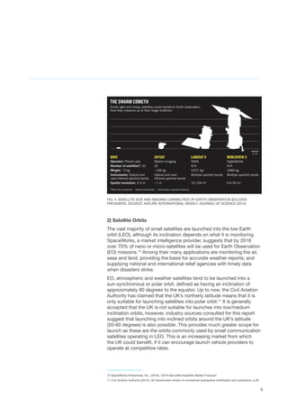 9
FIG. 4. SATELLITE SIZE AND IMAGING CAPABILITIES OF EARTH OBSERVATION (EO) DATA
PROVIDERS, SOURCE: NATURE INTERNATIONAL WEEKLY JOURNAL OF SCIENCE (2014)
2) Satellite Orbits
The vast majority of small satellites are launched into the low Earth
orbit (LEO), although its inclination depends on what it is monitoring.
SpaceWorks, a market intelligence provider, suggests that by 2018
over 70% of nano or micro-satellites will be used for Earth Observation
(EO) missions.10
Among their many applications are monitoring the air,
seas and land; providing the basis for accurate weather reports; and
supplying national and international relief agencies with timely data
when disasters strike.
EO, atmospheric and weather satellites tend to be launched into a
sun-synchronous or polar orbit, defined as having an inclination of
approximately 90 degrees to the equator. Up to now, the Civil Aviation
Authority has claimed that the UK’s northerly latitude means that it is
only suitable for launching satellites into polar orbit.11
It is generally
accepted that the UK is not suitable for launches into low/medium
inclination orbits, however, industry sources consulted for this report
suggest that launching into inclined orbits around the UK’s latitude
(50-60 degrees) is also possible. This provides much greater scope for
launch as these are the orbits commonly used by small communication
satellites operating in LEO. This is an increasing market from which
the UK could benefit, if it can encourage launch vehicle providers to
operate at competitive rates.  
10 SpaceWorks Enterprises, Inc., (2016), “2016 Nano/Microsatellite Market Forecast”
11 Civil Aviation Authority (2014), UK Government review of commercial spaceplane certification and operations, p.28
 