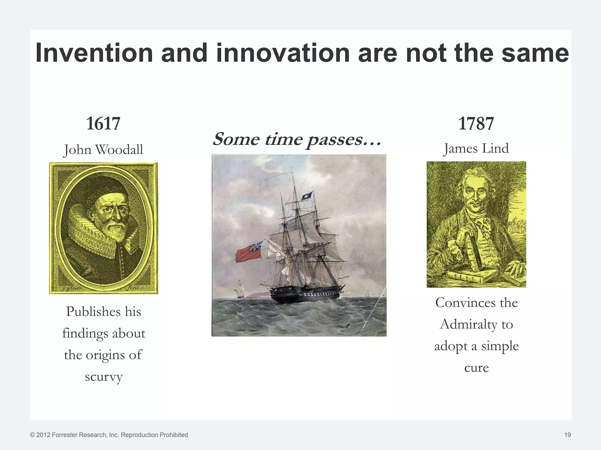 Invention and innovation are not the same

                   1617                                                           1787
           John Woodall
                                                          Some time passes…    James Lind




                                                                              Convinces the
            Publishes his
                                                                               Admiralty to
           findings about
                                                                              adopt a simple
           the origins of
                                                                                  cure
               scurvy


© 2012 Forrester Research, Inc. Reproduction Prohibited                                        19
 