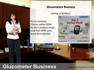 Glucometer Business Island Gate General Trading Co LLC © 201
Glucometers Business
Selling as BUNDLE
As an example,
Omron added BGM
to their product range,
and their BPM sales
grow dramatically!
 