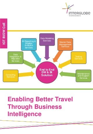Enabling Better Travel
Through Business
Intelligence
IGTBI/DWCoE
End to End
DW & BI
SolutionConsulting
Services
Data
Integration &
Migration
Services
BI Reporting &
Bigdata
Analytics
Services
Data Modeling
Services
Master Data
Management
Services
Testing
Services
Maintenance
and Support
Services
 