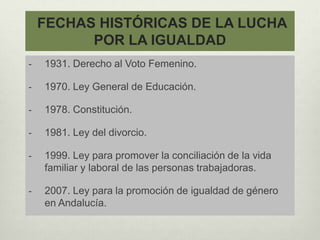 FECHAS HISTÓRICAS DE LA LUCHA
POR LA IGUALDAD
- 1931. Derecho al Voto Femenino.
- 1970. Ley General de Educación.
- 1978. Constitución.
- 1981. Ley del divorcio.
- 1999. Ley para promover la conciliación de la vida
familiar y laboral de las personas trabajadoras.
- 2007. Ley para la promoción de igualdad de género
en Andalucía.
 