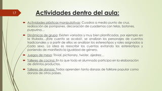 Actividades dentro del aula:
 Actividades plásticas manipulativas: Cuadros a medio punto de cruz,
realización de pompones, decoración de cuadernos con telas, botones,
purpurina…
17
purpurina…
 Dinámicas de grupo: Existen variadas
la titulada…¡Este cuento se acabó!,
tradicionales y a partir de ellos se analizan
cada sexo. La idea es reescribir
poniendo de manifiesto la igualdad
 Juegos de mesa: Trivial, pictionary, twister
 Talleres de cocina: En la que todo el alumnado participa en la elaboración Talleres de cocina: En la que todo el alumnado participa en la elaboración
de distintos productos.
 Talleres de danzas: Todos aprenden tanto danzas de folklore popular como
danzas de otros países.
Actividades dentro del aula:
: Cuadros a medio punto de cruz,
realización de pompones, decoración de cuadernos con telas, botones,
variadas y muy bien planificadas, por ejemplo en
acabó!, se analizan los personajes de cuentos
analizan los estereotipos y roles asignados a
los cuentos evitando los estereotipos y
de género.
twister, ajedrez…
En la que todo el alumnado participa en la elaboraciónEn la que todo el alumnado participa en la elaboración
Todos aprenden tanto danzas de folklore popular como
 