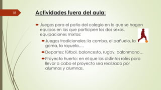 Actividades fuera del aula:
 Juegos para el patio del colegio en la que se hagan
equipos en las que participen los dos sexos,
18
equipos en las que participen los dos sexos,
equipaciones mixtas:
Juegos tradicionales: la comba, el pañuelo, la
goma, la rayuela….
Deportes: fútbol, baloncesto, rugby, balonmano…
Proyecto huerto: en el que los distintos roles paraProyecto huerto: en el que los distintos roles para
llevar a cabo el proyecto sea realizado por
alumnos y alumnas.
Actividades fuera del aula:
Juegos para el patio del colegio en la que se hagan
equipos en las que participen los dos sexos,equipos en las que participen los dos sexos,
mixtas:
Juegos tradicionales: la comba, el pañuelo, la
goma, la rayuela….
Deportes: fútbol, baloncesto, rugby, balonmano…
Proyecto huerto: en el que los distintos roles paraProyecto huerto: en el que los distintos roles para
llevar a cabo el proyecto sea realizado por
alumnos y alumnas.
 