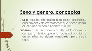 Sexo y género, conceptos
Sexo: son las diferencias
anatómicas y de cromosomas
al ser humano como
Género: es el conjunto
comportamientos
4
comportamientos
de los años considera
sexo.
4
Sexo y género, conceptos
diferencias biológicas, fisiológicas,
cromosomas que hacen definir
como hombre y mujer.
conjunto de atribuciones y
que una sociedad a lo largoque una sociedad a lo largo
considera adecuados para cada
 