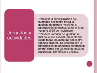 • Promover la sensibilización del
alumnado del centro hacia la
igualdad de genero mediante la
participación en fechas como el 8 de
marzo o el 25 de noviembre.
• Promover Jornada de igualdad al
final del curso escolar, presentando
desde todas las materias del centro
trabajos, talleres. Se contará con la
participación de personas externas al
centro, como por ejemplo de mujeres
deportistas, científicas o artistas.
Jornadas y
actividades
 