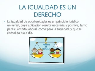 LA IGUALDAD ES UN
DERECHO

La igualdad de oportunidades es un principio jurídico
universal, cuya aplicación resulta necesaria y positiva, tanto
para el ámbito laboral como para la sociedad, y que se
consolida día a día.
 