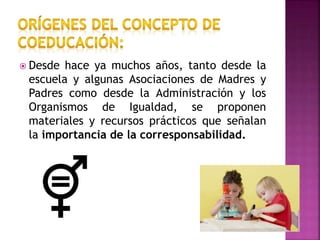  Desde hace ya muchos años, tanto desde la
escuela y algunas Asociaciones de Madres y
Padres como desde la Administración y los
Organismos de Igualdad, se proponen
materiales y recursos prácticos que señalan
la importancia de la corresponsabilidad.
 