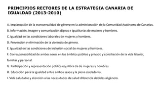 PRINCIPIOS RECTORES DE LA ESTRATEGIA CANARIA DE
IGUALDAD (2013-2010)
A. Implantación de la transversalidad de género en la administración de la Comunidad Autónoma de Canarias.
B. Información, imagen y comunicación dignas e igualitarias de mujeres y hombres.
C. Igualdad en las condiciones laborales de mujeres y hombres.
D. Prevención y eliminación de la violencia de género.
E. Igualdad en las condiciones de inclusión social de mujeres y hombres.
F. Corresponsabilidad de ambos sexos en los ámbitos público y privado y conciliación de la vida laboral,
familiar y personal.
G. Participación y representación pública equilibra da de mujeres y hombres
H. Educación para la igualdad entre ambos sexos y la plena ciudadanía.
I. Vida saludable y atención a las necesidades de salud diferencia debidas al género.
 
