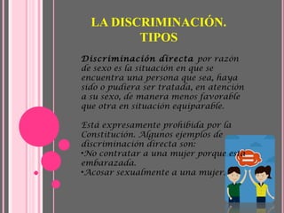 LA DISCRIMINACIÓN.
TIPOS
Discriminación directa por razón
de sexo es la situación en que se
encuentra una persona que sea, haya
sido o pudiera ser tratada, en atención
a su sexo, de manera menos favorable
que otra en situación equiparable.
Está expresamente prohibida por la
Constitución. Algunos ejemplos de
discriminación directa son:
•No contratar a una mujer porque está
embarazada.
•Acosar sexualmente a una mujer.
 