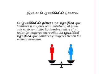 ¿Qué es la Igualdad de Género?
 
 
La igualdad de género no significa que
hombres y mujeres sean idénticos, al igual
que no lo son todos los hombres entre sí ni
todas las mujeres entre ellas. La igualdad
significa que hombres y mujeres tienen los
mismos derechos
 