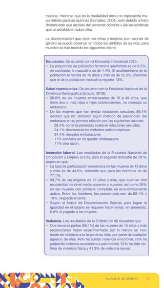materia, mientras que en la modalidad mixta no representa ma-
yor interés para las alumnas (González, 2004), esto debido al trato
diferenciado que reciben del personal docente y las expectativas
que se establecen sobre ellas.
La discriminación que viven las niñas y mujeres por razones de
género se puede observar en todos los ámbitos de su vida, para
muestra se han reunido los siguientes datos:
Educación. De acuerdo con la Encuesta Intercensal 2015:
• La proporción de población femenina analfabeta es de 6.5%,
en contraste, la masculina es de 4.4%. El analfabetismo en la
población femenina de 15 años y más es de 22.3%, mientras
que el de la población masculina registra 13%.
Salud reproductiva. De acuerdo con la Encuesta Nacional de la
Dinámica Demográfica (Enadid, 2018):
• 50.6% de las mujeres embarazadas de 15 a 49 años, que
tiene dos o más hijas o hijos sobrevivientes, no deseaba su
embarazo.
• De las mujeres que han tenido relaciones sexuales, 59.4%
declaró que no utilizaron algún método de prevención del
embarazo en su primera relación por las siguientes razones:
∙ 28.4% no tenía planeado sostener relaciones sexuales.
∙ 24.1% desconocía los métodos anticonceptivos.
∙ 24.4% deseaba embarazarse.
∙ 11% confiaba en no quedar embarazada.
∙ 11% otra razón.
Inserción laboral. Los resultados de la Encuesta Nacional de
Ocupación y Empleo (ENOE), para el segundo trimestre de 2019,
muestran que:
• La tasa de participación económica de las mujeres de 15 años
y más es de 44.9%, mientras que para los hombres es de
77.1%.
• 59.7% de las mujeres de 15 años y más, que cuentan con
escolaridad de nivel medio superior y superior, así como 28%
de las mujeres con primaria completa, es económicamente
activa. Entre los hombres, los porcentajes son de 82.1% y
70%, respectivamente.
• Según el Índice de Discriminación Salarial, para lograr la
igualdad en el salario se requiere incrementar, en promedio,
6.6% el pagado a las mujeres.
Violencia. Los resultados de la Endireh (2016) muestran que:
• Dos terceras partes (66.1%) de las mujeres de 15 años y más
reconocieron haber experimentado por lo menos un inci-
dente de violencia a lo largo de su vida, por parte de cualquier
agresor; de ellas, 49% ha sufrido violencia emocional, 29% ha
padecido violencia económica o patrimonial, 34% ha sido víc-
tima de violencia física y 41.3% de violencia sexual.
75
IGUALDAD DE GÉNERO
 