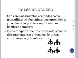 ROLES DE GÉNERO Son comportamientos aceptados como masculinos y/o femeninos que aprendemos  y ponemos en práctica según seamos hombres o mujeres. Estos comportamientos están relacionados directamente con el reparto de tareas entre mujeres y hombres. Igualdad de Género 