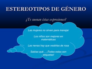 ESTEREOTIPOS DE GÉNEROESTEREOTIPOS DE GÉNERO
¿Te suenan éstas expresiones?¿Te suenan éstas expresiones?
Las mujeres no sirven para manejar
Los niños son mejores en
matemáticas
Las nenas hay que vestirlas de rosa
Sabías qué… ¡Todas estas son
etiquetas!
 