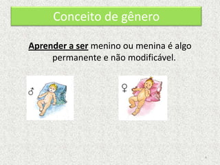 Conceito de gênero

Aprender a ser menino ou menina é algo
     permanente e não modificável.




                                         4
 