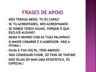 NÃO TENHAS MEDO, TU ÉS CAPAZ!
SE TU ACREDITARES, NÓS ACREDITAMOS!
SE SOMOS TODOS IGUAIS, PORQUE É QUE
EXCLUÍS ALGUNS?
MUDA O MUNDO COM AS TUAS PALAVRAS!
O MAIOR COBARDE É O AGRESSOR, NÃO A
VÍTIMA !
OLHA À TUA VOLTA, TENS AMIGOS!
VAIS CONSEGUIR FUGIR, SÓ TENS DE TENTAR!
NÃO SEJAS SÓ MAIS UMA ESTATÍSTICA, ÉS
ESPECIAL!
 