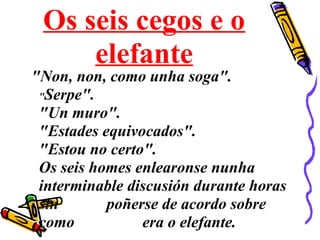 Os seis cegos e o
elefante
"Non, non, como unha soga".
"Serpe".
"Un muro".
"Estades equivocados".
"Estou no certo".
Os seis homes enlearonse nunha
interminable discusión durante horas
sin poñerse de acordo sobre
como era o elefante.
 