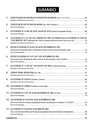 SUMÁRIO
1. CONSTITUIÇÃO DA REPÚBLICA FEDERATIVA DO BRASIL (art. 1º, 3º, 4º e 5º)................................ 05
Questões de Provas de Concursos..................................................................................................................................05
2. CONSTITUIÇÃO DO ESTADO DA BAHIA (Cap. XXIII “Do Negro”)....................................................... 05
Exercícios Propostos..........................................................................................................................................................05
3. LEI FEDERAL Nº 12.288, DE 20 DE JULHO DE 2010 (Estatuto da Igualdade Racial)............................ 06
Exercícios Propostos..........................................................................................................................................................13
4. LEI FEDERAL Nº 7.716, DE 5 DE JANEIRO DE 1989, ALTERADA PELA LEI FEDERAL Nº 9.459 DE
13 DE MAIO DE 1997 (Tipificação dos crimes resultantes de preconceito de raça ou de cor) ...................... 15
Questões de Provas de Concursos..................................................................................................................................16
5. DECRETO FEDERAL Nº 65.810, DE 08 DE DEZEMBRO DE 1969
(Convenção internacional sobre a eliminação de todas as formas de discriminação racial) ............................. 17
Exercícios Propostos..........................................................................................................................................................23
6. DECRETO FEDERAL Nº 4.377, DE 13 DE SETEMBRO DE 2002
(Convenção sobre eliminação de todas as formas de discriminação contra a mulher)...................................... 24
Exercícios Propostos..........................................................................................................................................................30
7. LEI FEDERAL Nº 11.340, DE 7 DE AGOSTO DE 2006 (Lei Maria da Penha)........................................ 31
Questões de Provas de Concursos..................................................................................................................................36
8. CÓDIGO PENAL BRASILEIRO (art. 140)............................................................................................ 37
Questões de Provas de Concursos..................................................................................................................................38
9. LEI FEDERAL Nº 9.455/97 (Combate à Tortura) ................................................................................... 38
Questões de Provas de Concursos..................................................................................................................................39
10. LEI FEDERAL Nº 2.889/56 (Combate ao Genocídio) ............................................................................. 42
Exercícios Propostos..........................................................................................................................................................42
11. LEI FEDERAL Nº 7.437, DE 20 DE DEZEMBRO DE 1985 (Lei Caó)................................................... 43
Exercícios Propostos..........................................................................................................................................................44
12. LEI ESTADUAL Nº 10.549 DE 28 DE DEZEMBRO DE 2006
(Cria a Secretaria de Promoção da Igualdade Racial); alterada pela Lei Estadual nº 12.212/2011....................... 45
Exercícios Propostos..........................................................................................................................................................56
13. LEI FEDERAL Nº 10.678 DE 23 DE MAIO DE 2003
(Cria a Secretaria de Políticas de Promoção da Igualdade Racial da Presidência da República)........................ 58
Exercício Proposto .............................................................................................................................................................58
GABARITOS ....................................................................................................................................... 59
 