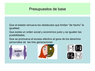 Presupuestos de base Que el estado remueva los obstáculos que limitan “de hecho” la igualdad. Que exista un orden social y económico justo y se igualen las posibilidades. Que se promueva el acceso efectivo al goce de los derechos personales de  las tres generaciones  
