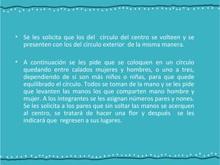 • Se les solicita que los del círculo del centro se volteen y se
presenten con los del círculo exterior de la misma manera.
• A continuación se les pide que se coloquen en un círculo
quedando entre calados mujeres y hombres, o uno a tres,
dependiendo de si son más niños o niñas, para que quede
equilibrado el círculo. Todos se toman de la mano y se les pide
que levanten las manos los que comparten mano hombre y
mujer. A los integrantes se les asignan números pares y nones.
Se les solicita a los pares que sin soltar las manos se acerquen
al centro, se tratará de hacer una flor y después se les
indicará que regresen a sus lugares.
 