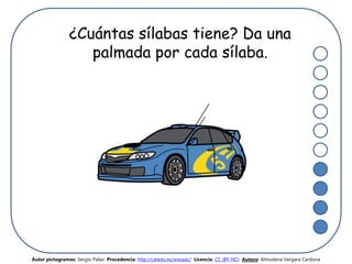 ¿Cuántas sílabas tiene? Da una
palmada por cada sílaba.
Autor pictogramas: Sergio Palao Procedencia: http://catedu.es/arasaac/ Licencia: CC (BY-NC) Autora: Almudena Vergara Cardona
 
