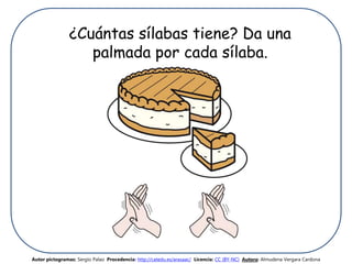 ¿Cuántas sílabas tiene? Da una
palmada por cada sílaba.
Autor pictogramas: Sergio Palao Procedencia: http://catedu.es/arasaac/ Licencia: CC (BY-NC) Autora: Almudena Vergara Cardona
 