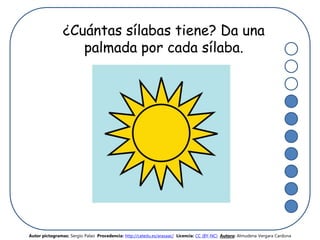 ¿Cuántas sílabas tiene? Da una
palmada por cada sílaba.
Autor pictogramas: Sergio Palao Procedencia: http://catedu.es/arasaac/ Licencia: CC (BY-NC) Autora: Almudena Vergara Cardona
 