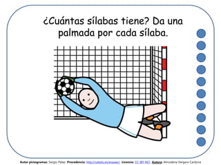 ¿Cuántas sílabas tiene? Da una
palmada por cada sílaba.
Autor pictogramas: Sergio Palao Procedencia: http://catedu.es/arasaac/ Licencia: CC (BY-NC) Autora: Almudena Vergara Cardona
 