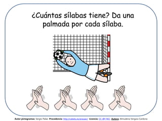 ¿Cuántas sílabas tiene? Da una
palmada por cada sílaba.
Autor pictogramas: Sergio Palao Procedencia: http://catedu.es/arasaac/ Licencia: CC (BY-NC) Autora: Almudena Vergara Cardona
 