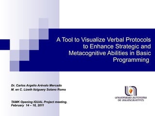 A Tool to Visualize Verbal Protocols to Enhance Strategic and Metacognitive Abilities in Basic Programming  Dr. Carlos Argelio Arévalo Mercado M. en C. Lizeth Itziguery Solano Romo TAMK Opening IGUAL Project meeting.  February  14 – 18, 2011 