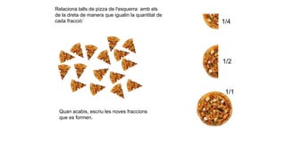 1/4
1/2
1/1
Relaciona talls de pizza de l'esquerra amb els
de la dreta de manera que igualin la quantitat de
cada fracció:
Quan acabis, escriu les noves fraccions
que es formen.
 