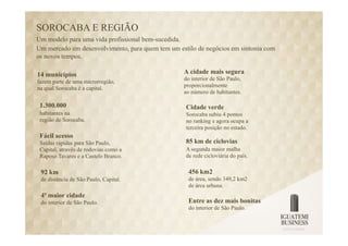 SOROCABA E REGIÃO
Um modelo para uma vida profissional bem-sucedida.
Um mercado em desenvolvimento, para quem tem um estilo de negócios em sintonia com
os novos tempos.

14 municípios                                     A cidade mais segura
                                                  do interior de São Paulo,
fazem parte de uma microrregião,
                                                  proporcionalmente
na qual Sorocaba é a capital.
                                                  ao número de habitantes.

 1.300.000                                         Cidade verde
 habitantes na                                     Sorocaba subiu 4 pontos
 região de Sorocaba.                               no ranking e agora ocupa a
                                                   terceira posição no estado.
 Fácil acesso
 Saídas rápidas para São Paulo,                    85 km de ciclovias
 Capital, através de rodovias como a               A segunda maior malha
 Raposo Tavares e a Castelo Branco.                de rede cicloviária do país.

 92 km                                              456 km2
 de distância de São Paulo, Capital.                de área, sendo 349,2 km2
                                                    de área urbana.
 4ª maior cidade
 do interior de São Paulo.                          Entre as dez mais bonitas
                                                    do interior de São Paulo.
 