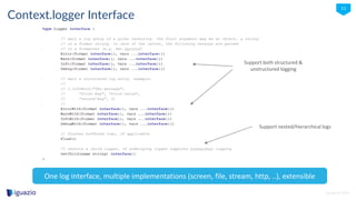 iguazio © 2016
11
Context.logger Interface
One log interface, multiple implementations (screen, file, stream, http, ..), extensible
Support both structured &
unstructured logging
Support nested/hierarchical logs
 