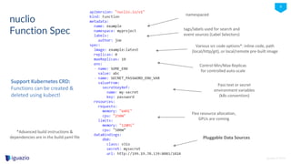 iguazio © 2016
9
nuclio
Function Spec
Support Kubernetes CRD:
Functions can be created &
deleted using kubectl
tags/labels used for search and
event sources (Label Selectors)
Control Min/Max Replicas
for controlled auto-scale
Pass text or secret
environment variables
(k8s convention)
Flex resource allocation,
GPUs are coming
Pluggable Data Sources
Various src code options*: inline code, path
(local/http/git), or local/remote pre-built image
namespaced
*Advanced build instructions &
dependencies are in the build.yaml file
 