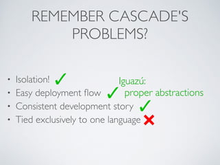 REMEMBER CASCADE'S 
PROBLEMS? 
• Isolation! 
• Easy deployment flow 
• Consistent development story 
• Tied exclusively to one language 
Iguazú: 
proper abstractions 
 