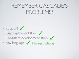 REMEMBER CASCADE'S 
PROBLEMS? 
• Isolation! 
• Easy deployment flow 
• Consistent development story 
• Any language No restrictions 
 