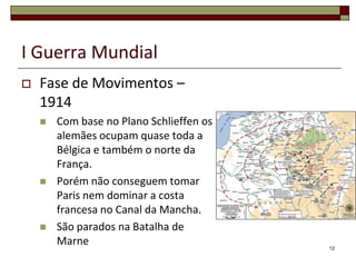 I Guerra MundialFase de Movimentos – 1914	Com base no Plano Schlieffen os alemães ocupam quase toda a Bélgica e também o norte da França. Porém não conseguem tomar Paris nem dominar a costa francesa no Canal da Mancha.São parados na Batalha de Marne12